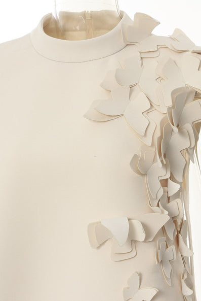 Elegant winter butterfly shape evening dress in cream with petal embellishments, perfect for fashion and ملابس enthusiasts