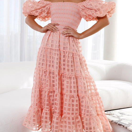 Off-the-shoulder pink checkered dress from Enchanting Lantern Sleeve Dress collection