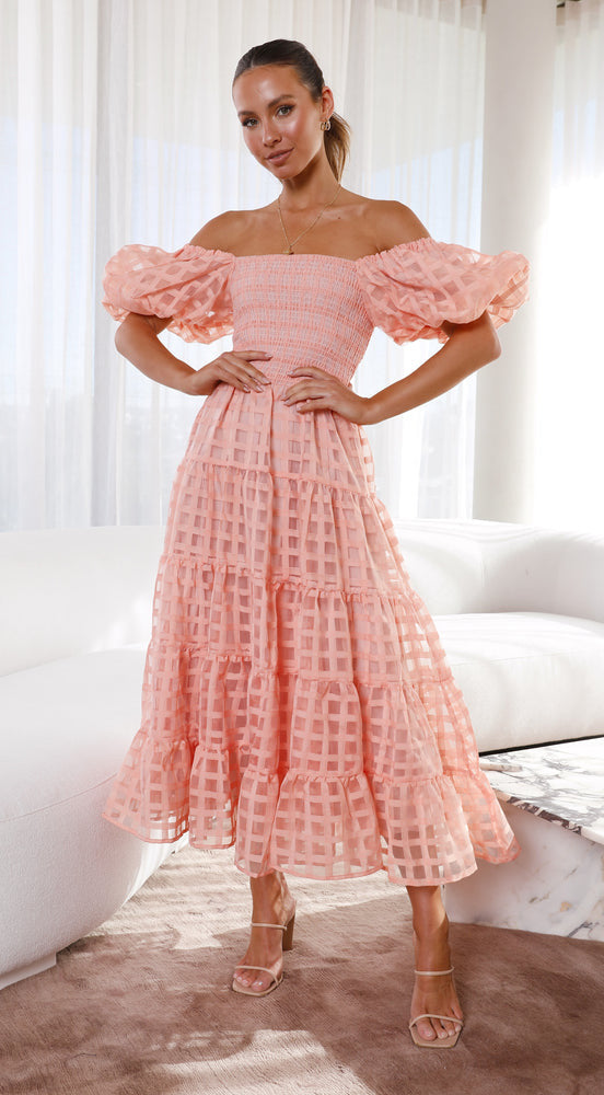 Off-the-shoulder pink checkered dress from Enchanting Lantern Sleeve Dress collection