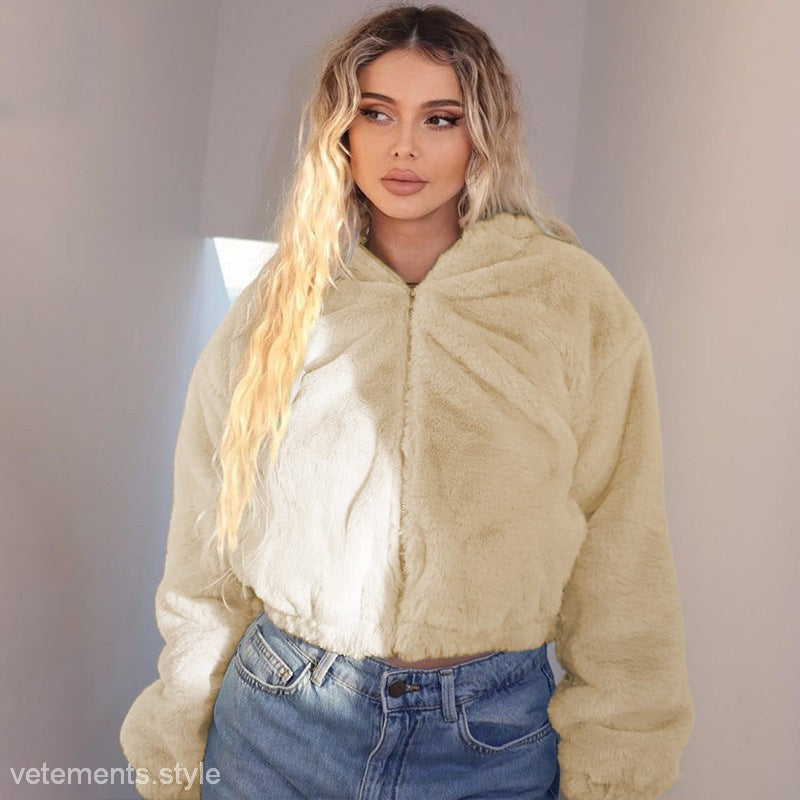 Cropped beige faux-fur hooded jacket from the Autumn Hooded Plush collection