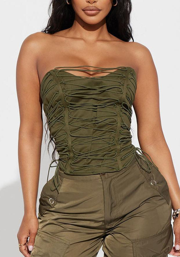 Olive green Langry fashion ruched corset vest with lace-up back