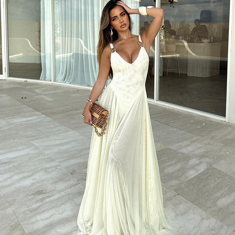 Elegant langry fashion cream slip dress with deep V-neck beaded detailing