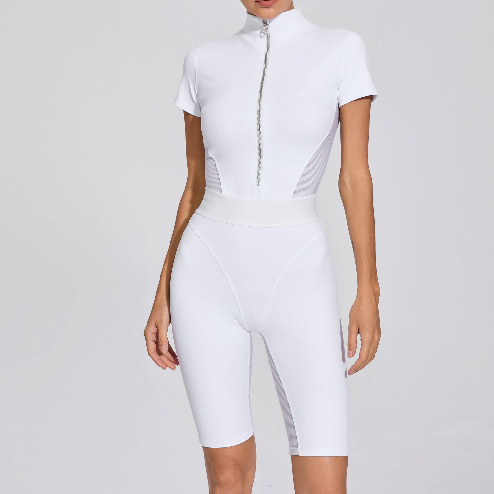 Tight Waist Open Collar Zipper Short Sleeve Yoga Jumpsuit Women Patchwork Fitness Sports