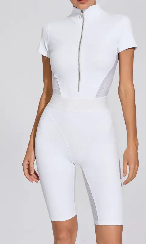 Tight Waist Open Collar Zipper Short Sleeve Yoga Jumpsuit Women Patchwork Fitness Sports