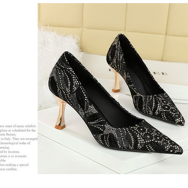 Elegant Langry fashion black mid-heel shoes with silver rhinestone pointed toe