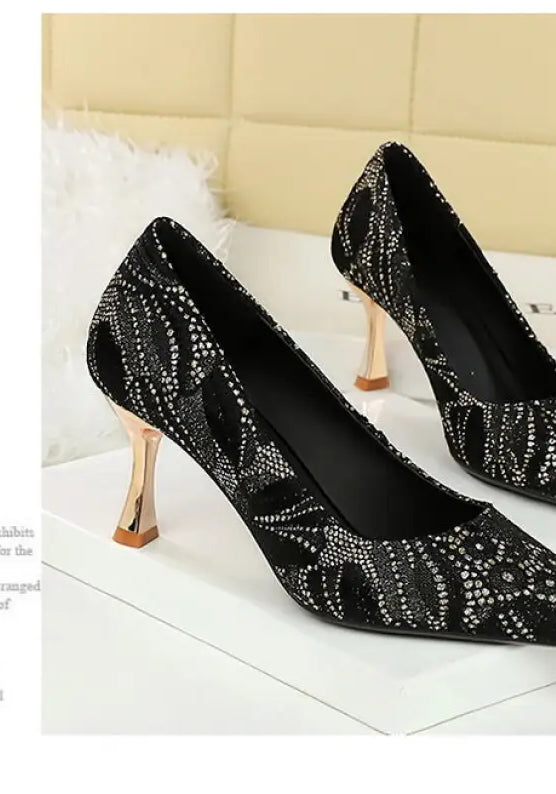 Langry fashion black mid heel shoes with silver rhinestone pointed toe