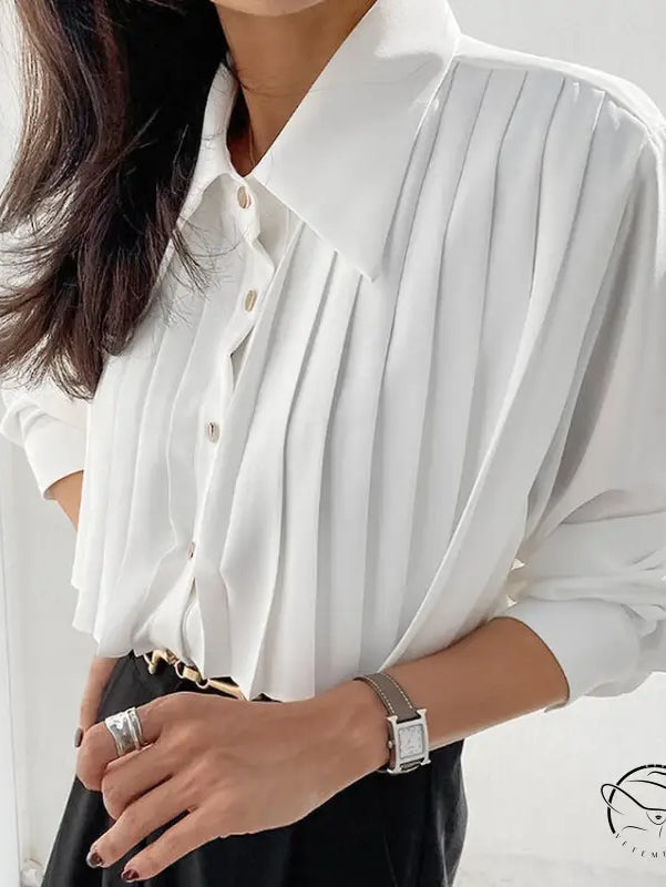 French elegant chiffon white pleated button-up shirt with wide collar