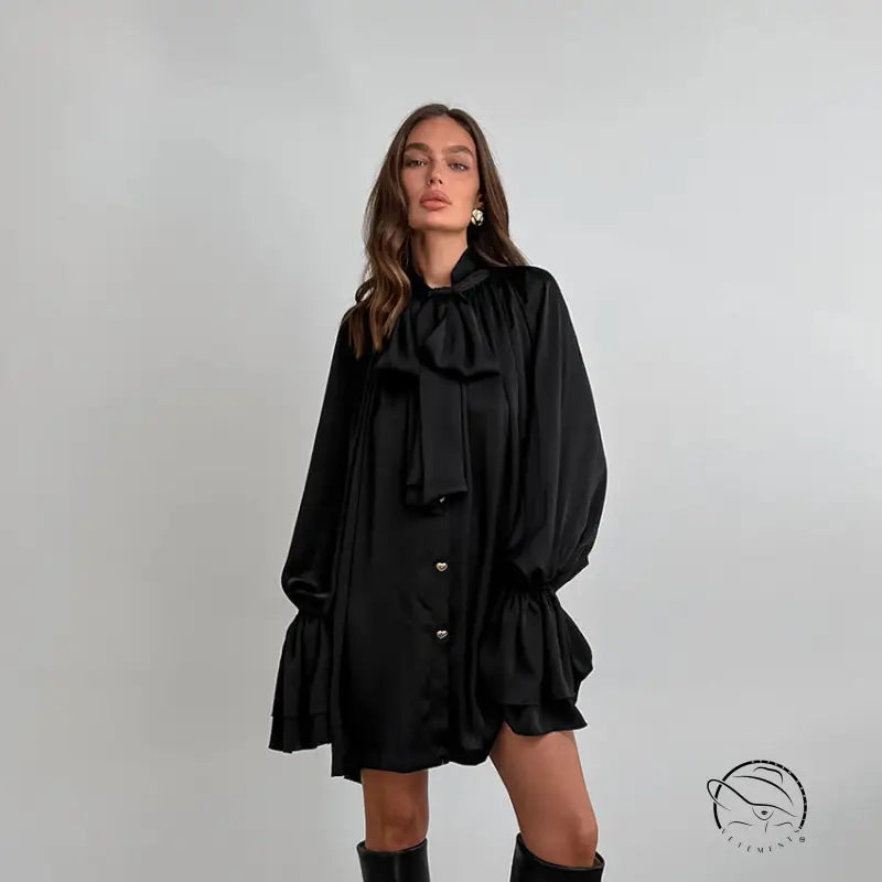 Elegant langry thick matte satin dress with puff sleeves and ruffles