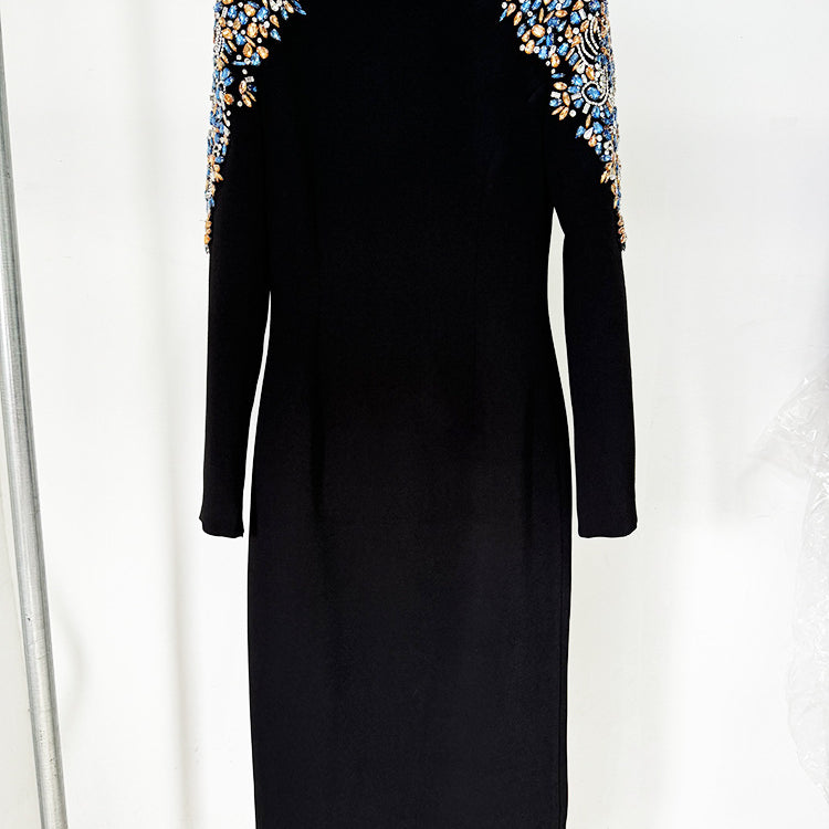 Autumn Winter Star Heavy Industry Beads Diamond Embedded Long Sleeve Mid Length Dress