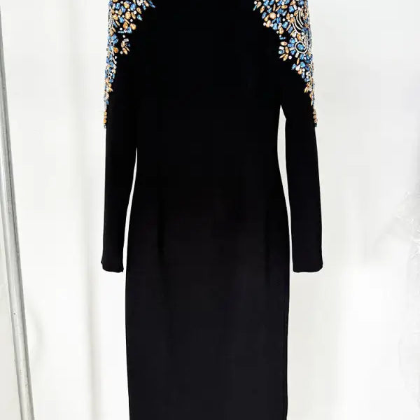 Autumn Winter Star Heavy Industry Beads Diamond Embedded Long Sleeve Mid Length Dress