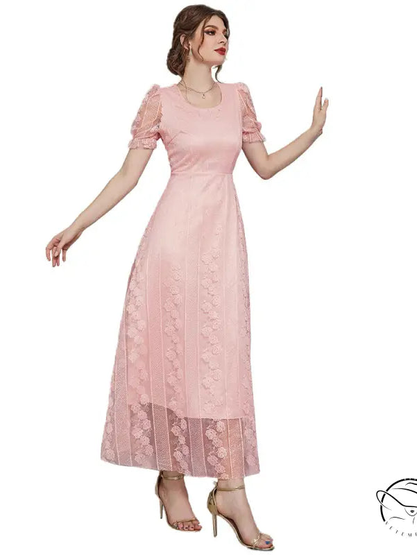 French Slimming Maxi Dress in soft pink lace with floral embroidery and sheer puff sleeves