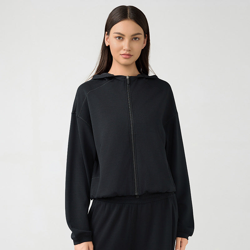 Black zip-up hooded sweatshirt from Langry, perfect for autumn winter casual fashion