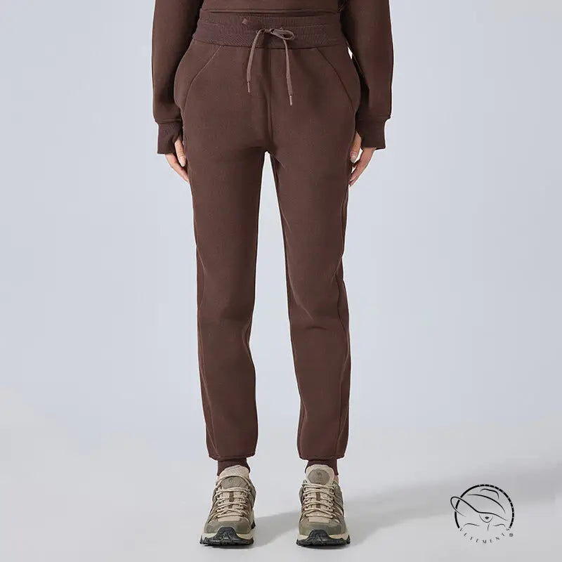 Brown cotton casual loose tapered sports pants with drawstring waist
