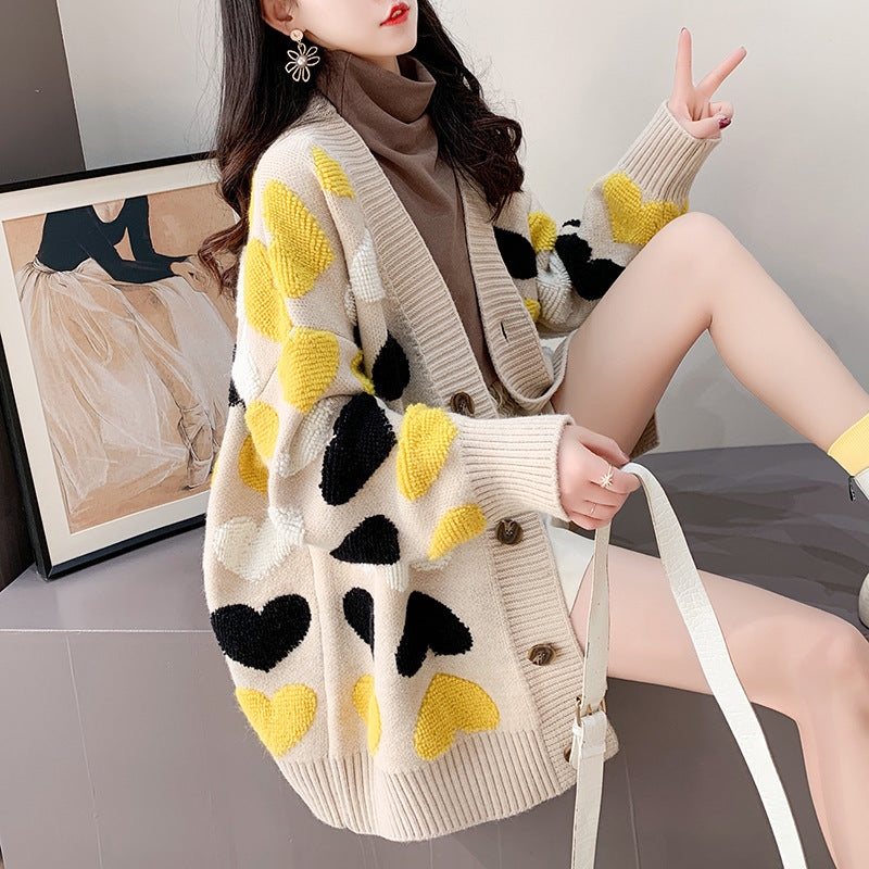Heart-patterned knit cardigan with long sleeves from the Korean Loose Long Sweater fashion collection