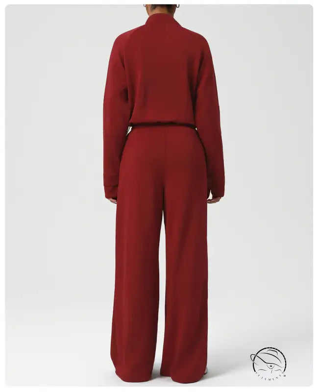 Red langry woolen jumpsuit with wide-leg fashion design and high neck