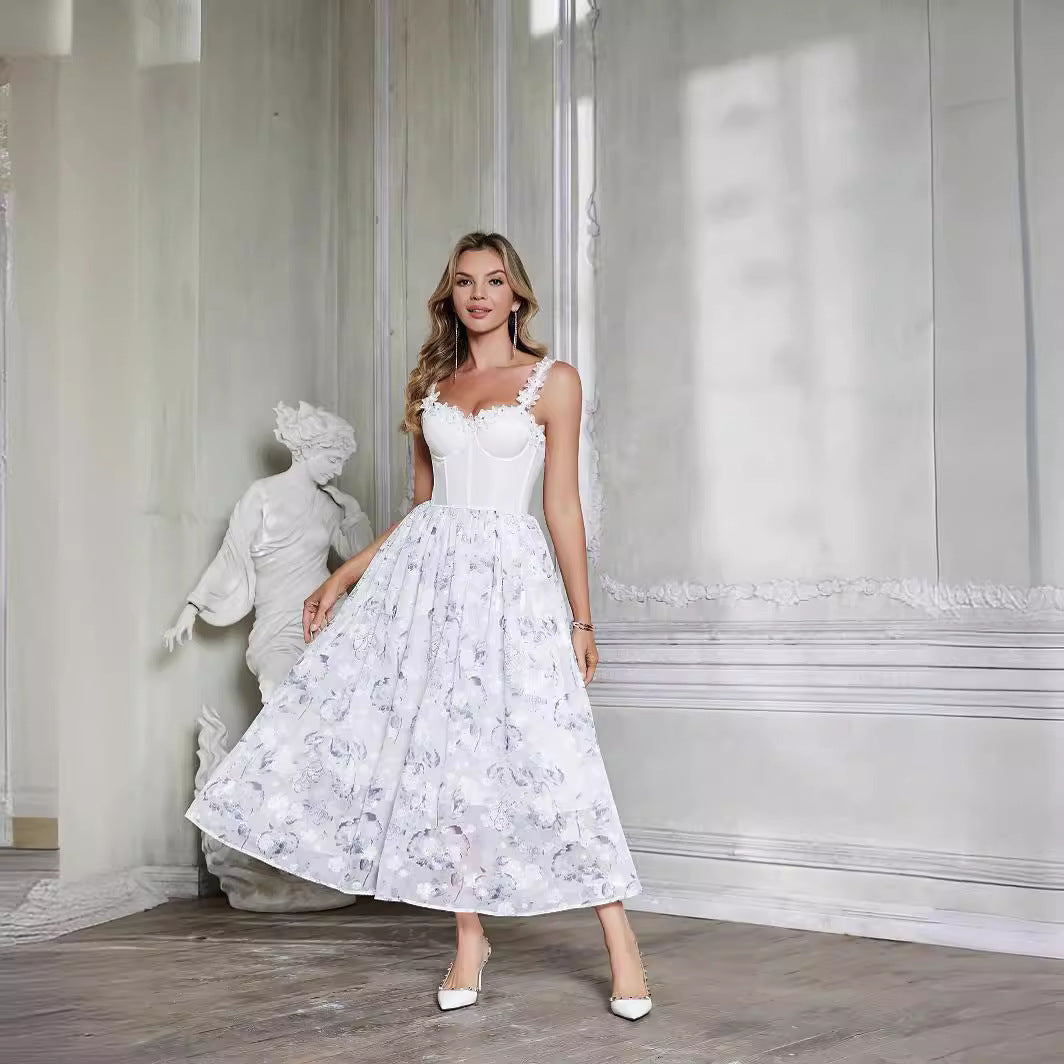 Elegant white floral chiffon dress from European French fashion with boning and suspenders