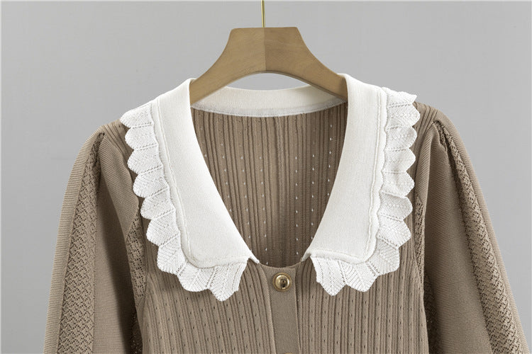Beige knit cardigan with white scalloped collar, perfect for winter fashion ملابس