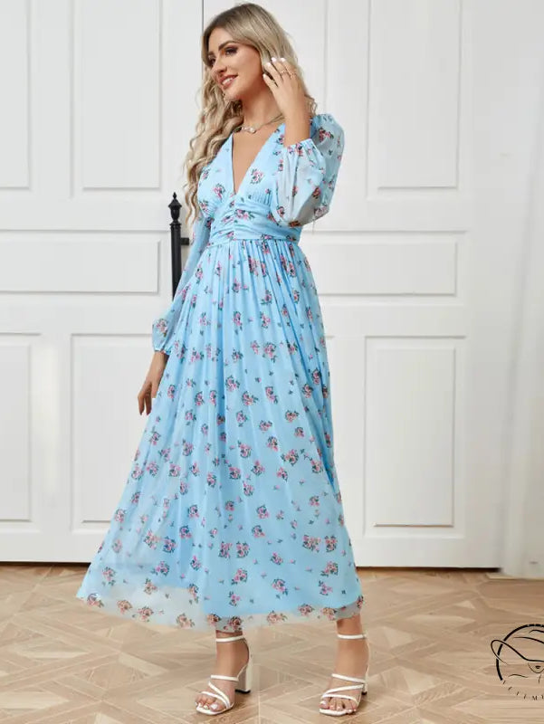Elegant high waist V-neck langry fashion dress in light blue floral maxi style