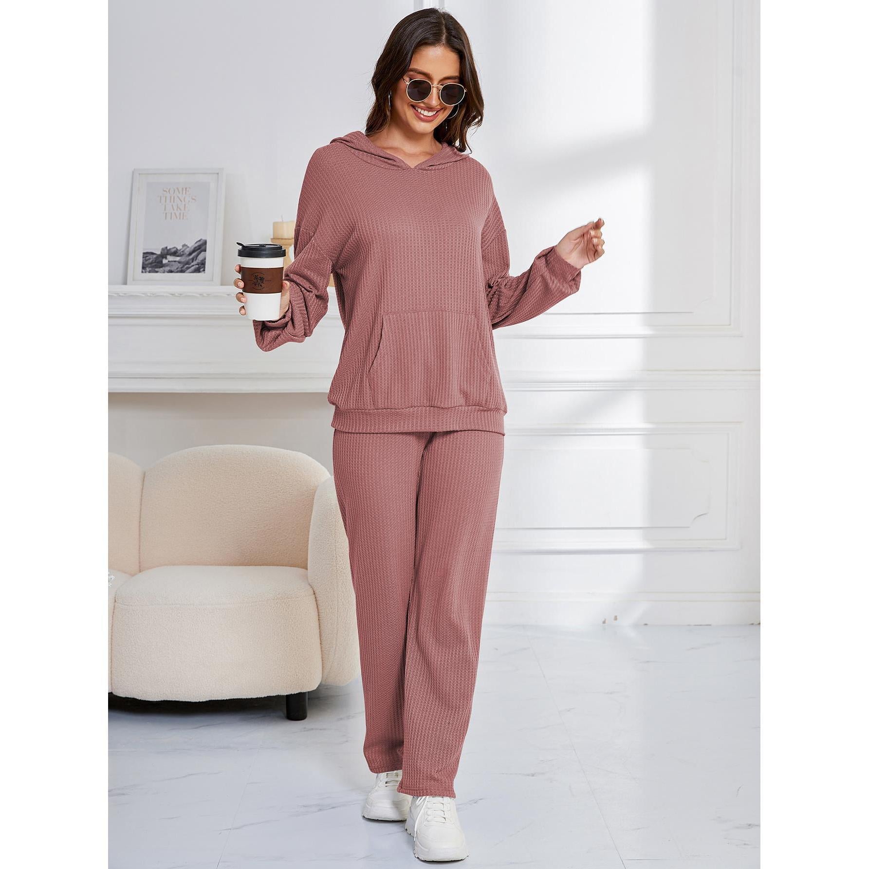 Mauve ribbed lounge set for women, stylish casual fashion ملابس for home wear