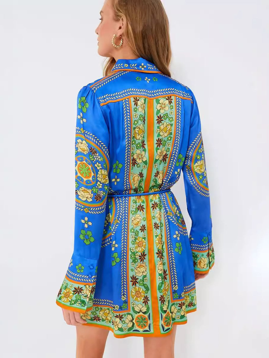 Collared Tied Waist Positioning Print Holiday Long Sleeve Dress Women