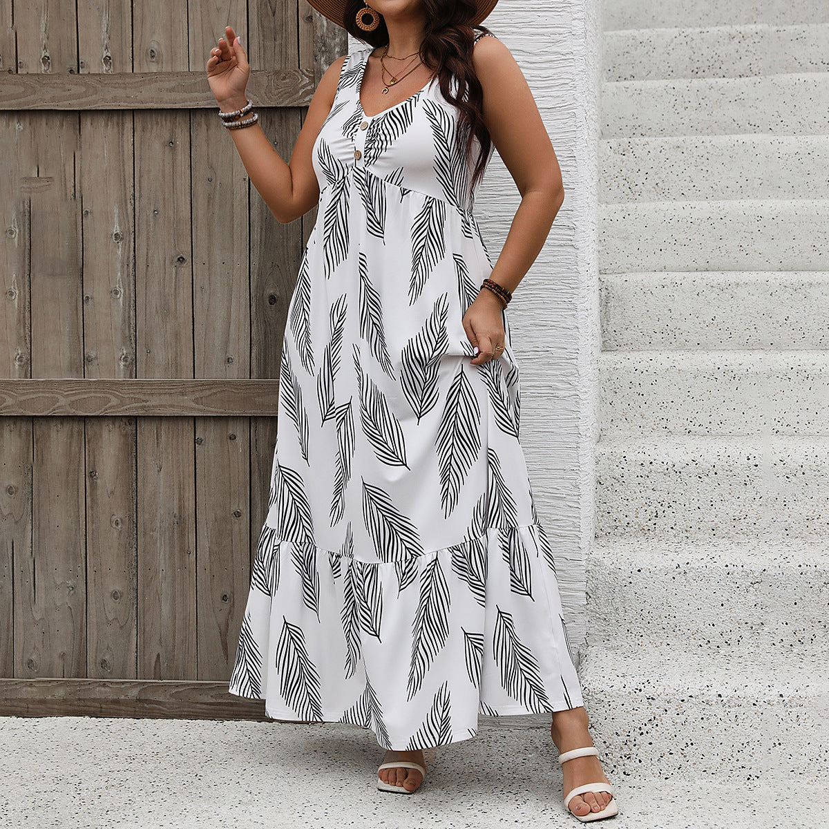 White maxi dress with leaf pattern from Vacation Loose Casual Dress showcasing elegant fashion and ملابس style