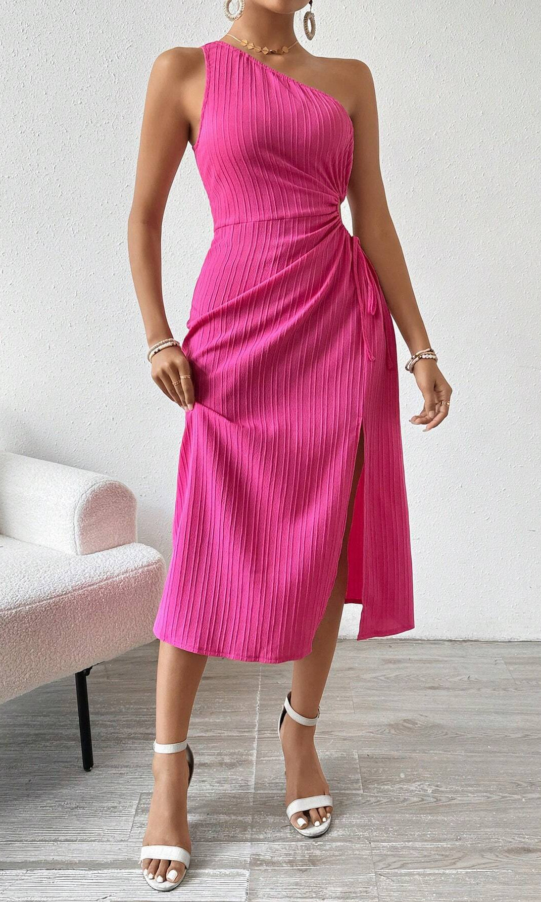 Pink one-shoulder midi dress from the Elegant Sleeveless Shoulder Slit Dress collection in fashion