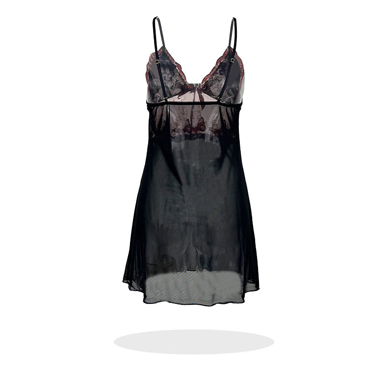 Black lace butterfly embroidery nightdress with sheer overlay