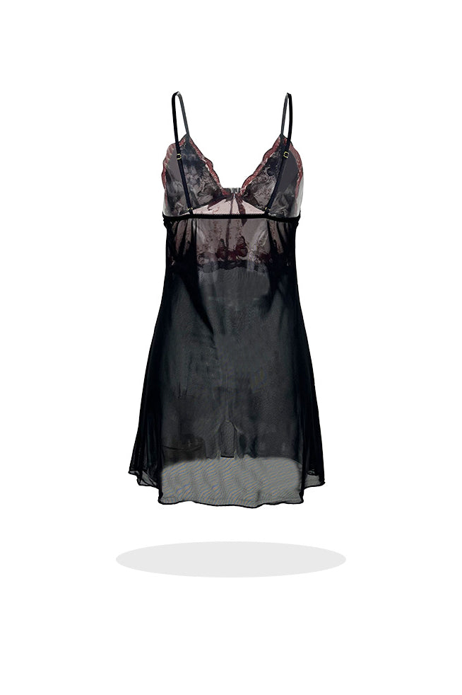 Black lace butterfly embroidery nightdress with sheer overlay