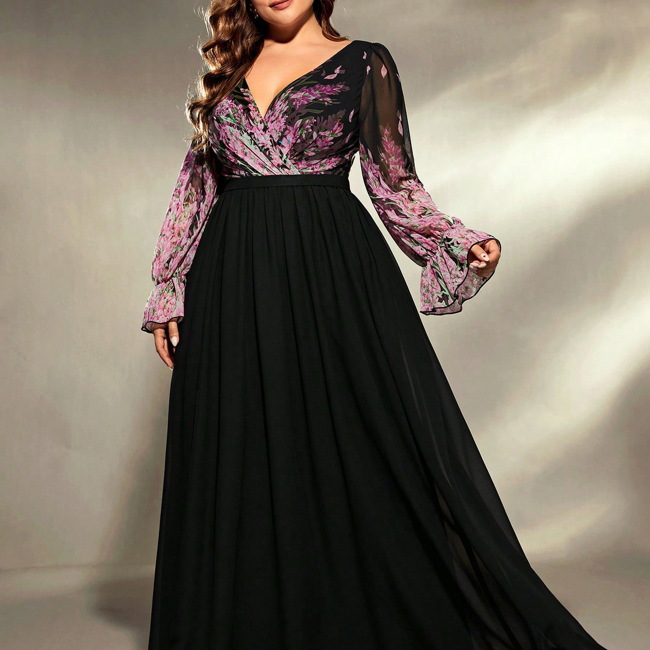 Black lace plus size long sleeve evening ball gown with sheer sleeves and floral embroidery, inspired by Marchesa