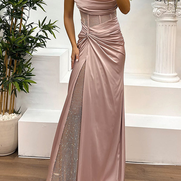 Elegant strapless pink satin gown with embellished slit for fashionable occasions