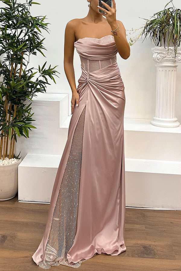 Elegant strapless pink satin gown with embellished slit for fashionable occasions