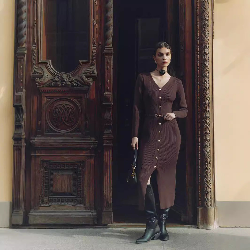 Woman in long sleeve brown knitted dress and boots, showcasing stylish fashion