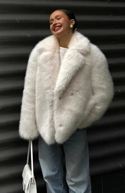 Winter warm faux fur coat with white fluffy faux fur and silver details
