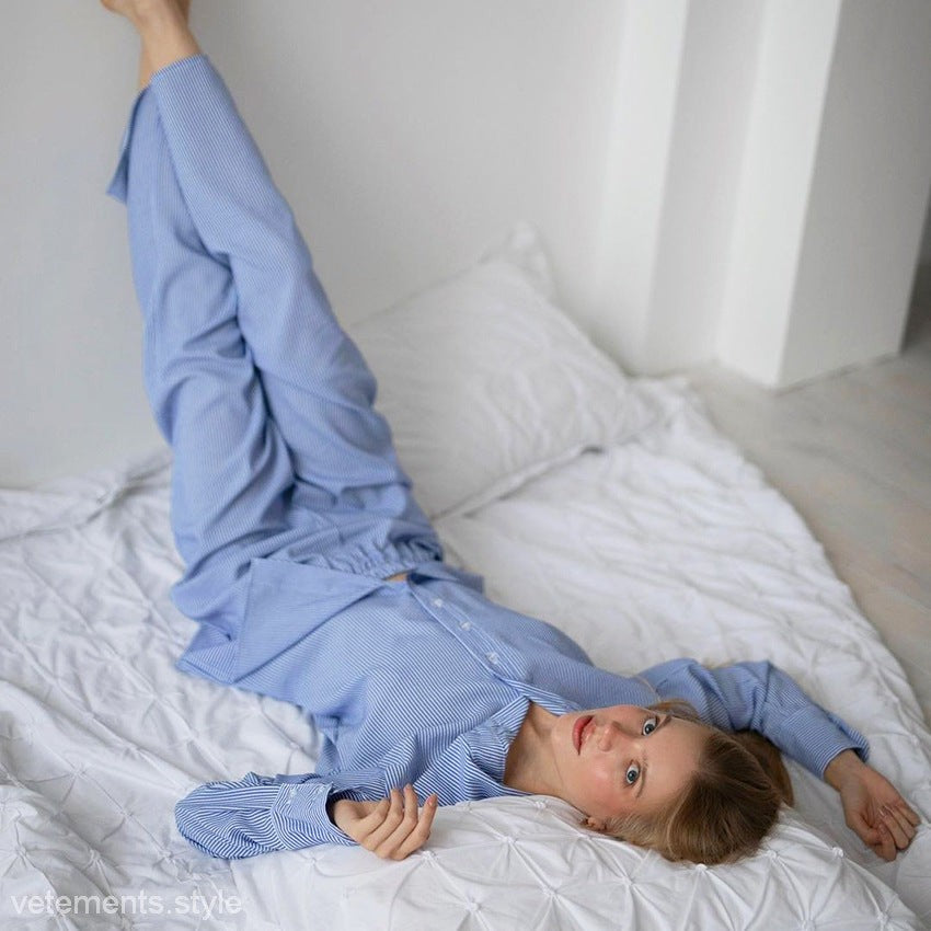 Blue striped winter pajamas set from FRENCH COMFY PAJAMAS for comfortable loose sleepwear