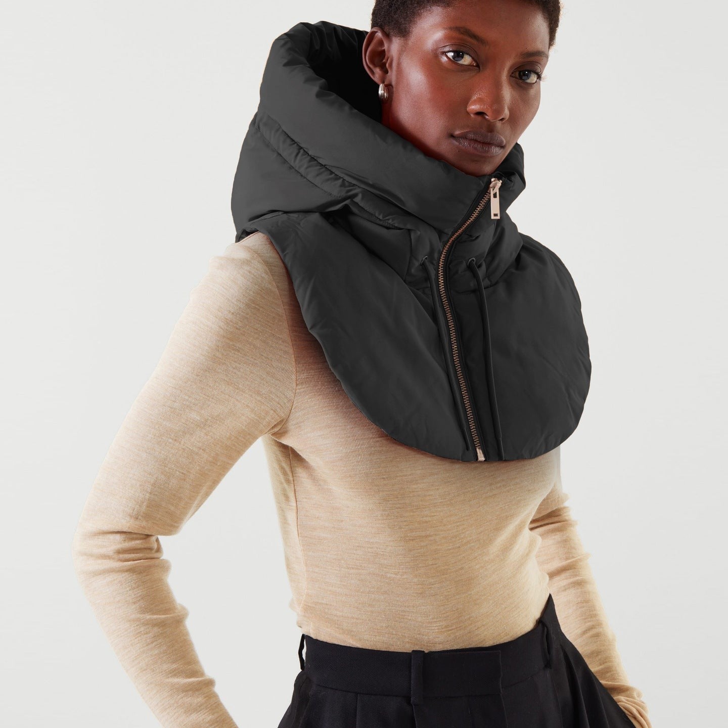 Black puffer neck warmer with hood for stylish autumn winter accessories