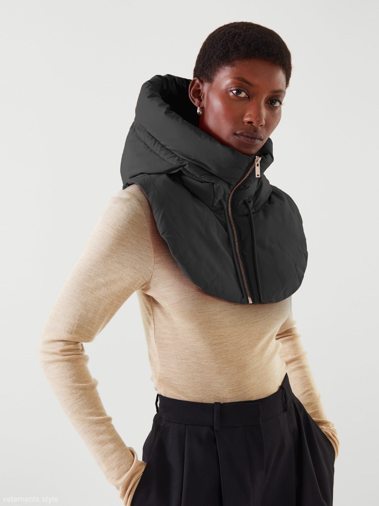 Black puffer neck warmer with hood for stylish autumn winter accessories