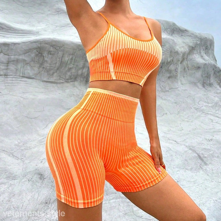 Orange and cream striped workout set ideal for a high waist bum lift workout