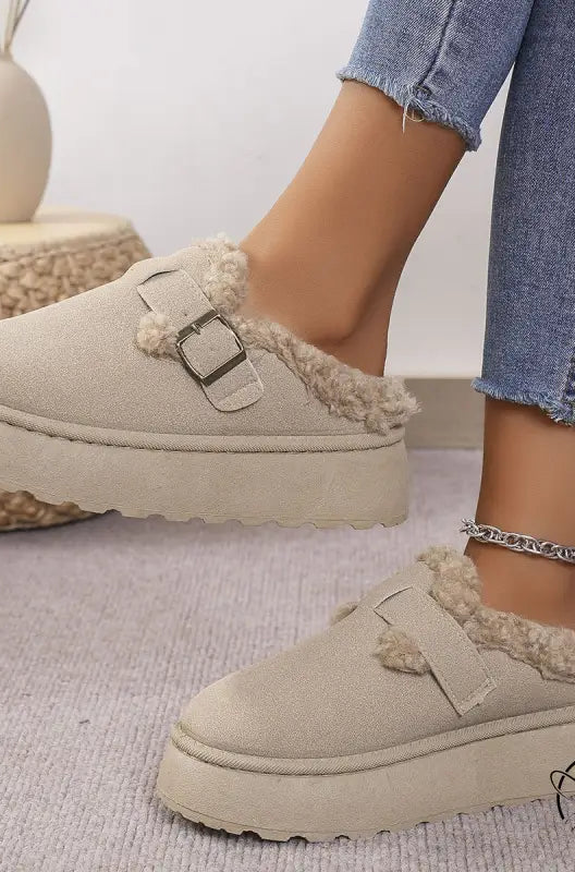 Beige platform mule shoes in Langry casual thermal cotton slippers fashion