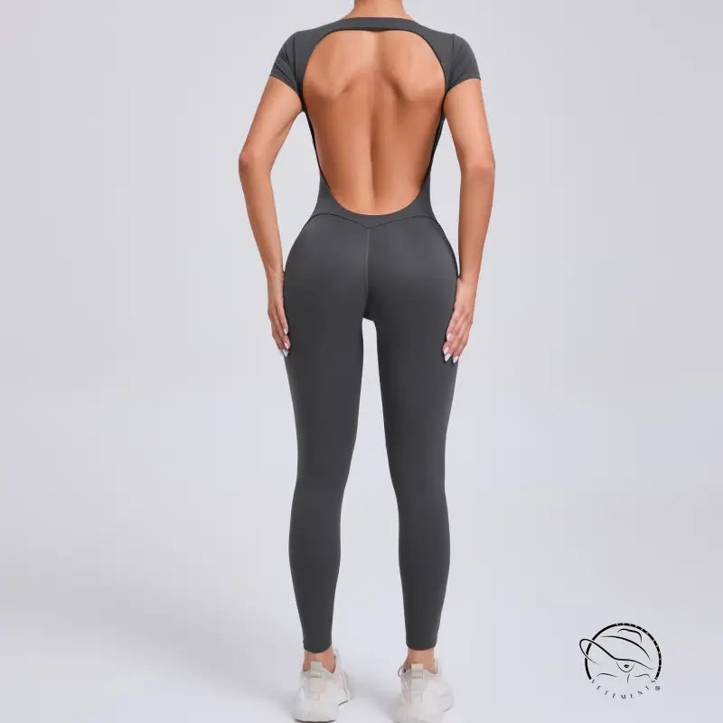Sleek langry fashion yoga bodysuit in dark gray with cutout back