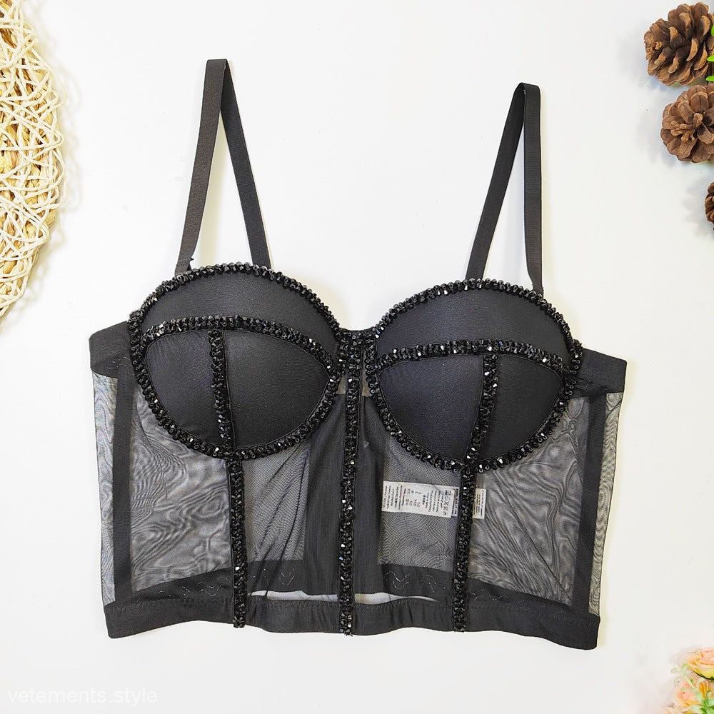 Black mesh bustier top with beaded trim detailing in CRYSTAL CORSET OUTER WEAR