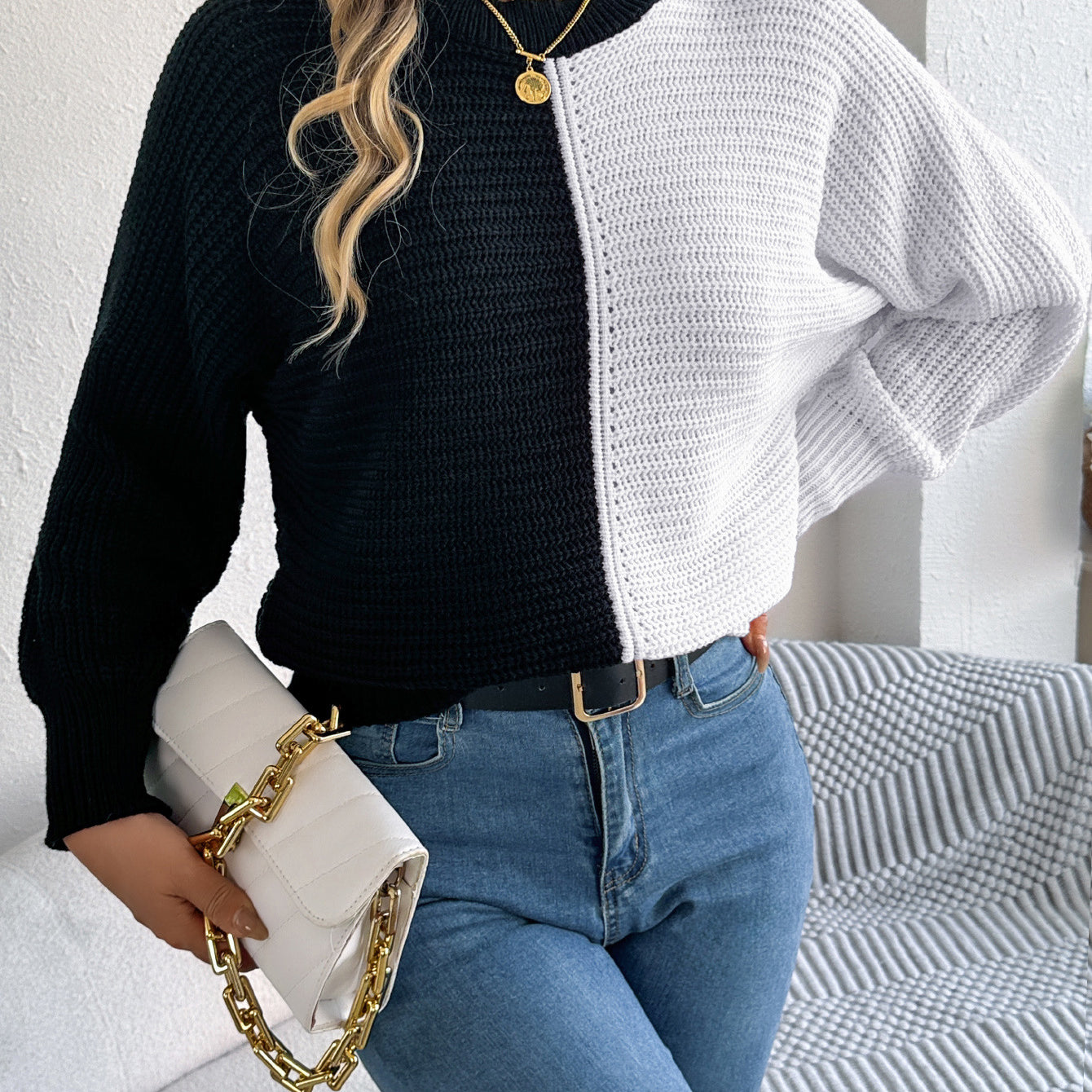 Two-tone knit sweater from Casual Shoulder Oversleeve Sweater, stylish langry fashion ملابس