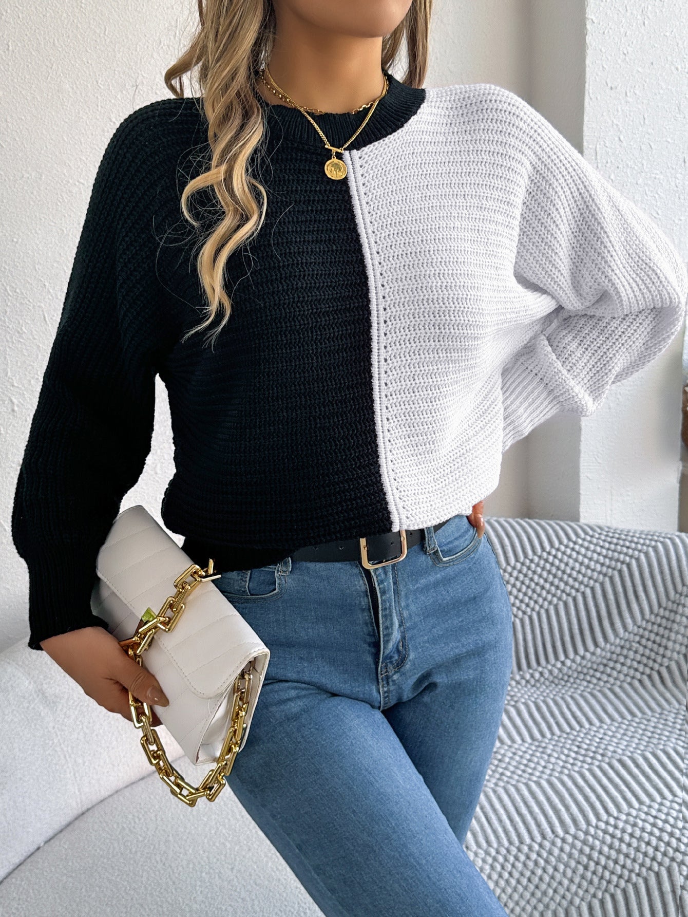 Two-tone knit sweater from Casual Shoulder Oversleeve Sweater, stylish langry fashion ملابس