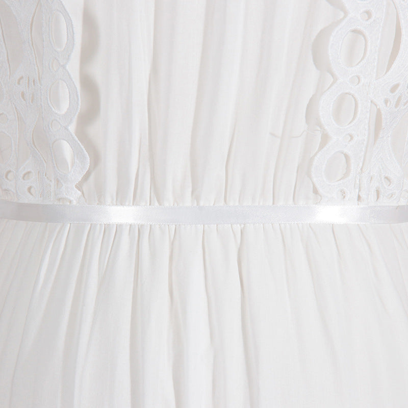 White lace dress with stand collar, sexy hollow out cutouts, fashionable design