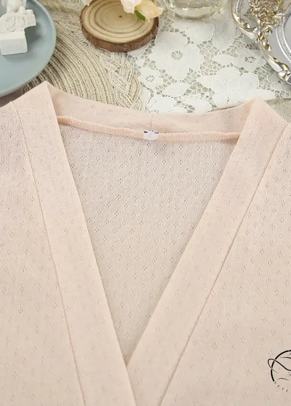 Soft blush pink mesh-knit v-neck cardigan in Langry fashion homewear set