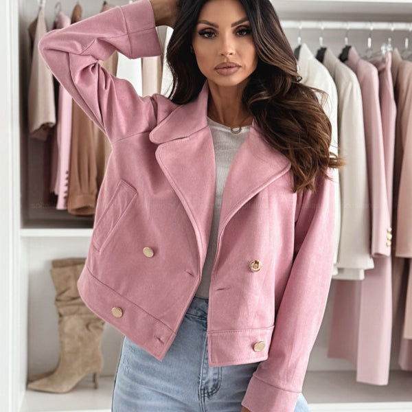 Pink suede slim collared button short coat with gold lapels, Langry fashion ملابس