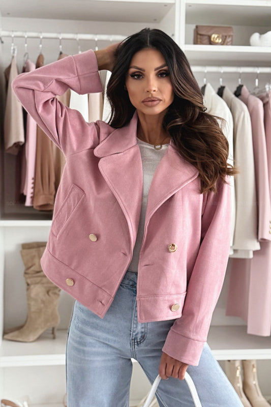 Pink suede slim collared button short coat with gold lapels, Langry fashion ملابس