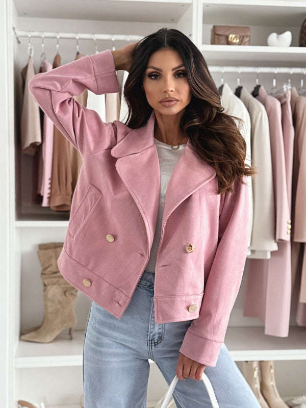 Pink suede slim collared button short coat with gold lapels, Langry fashion ملابس
