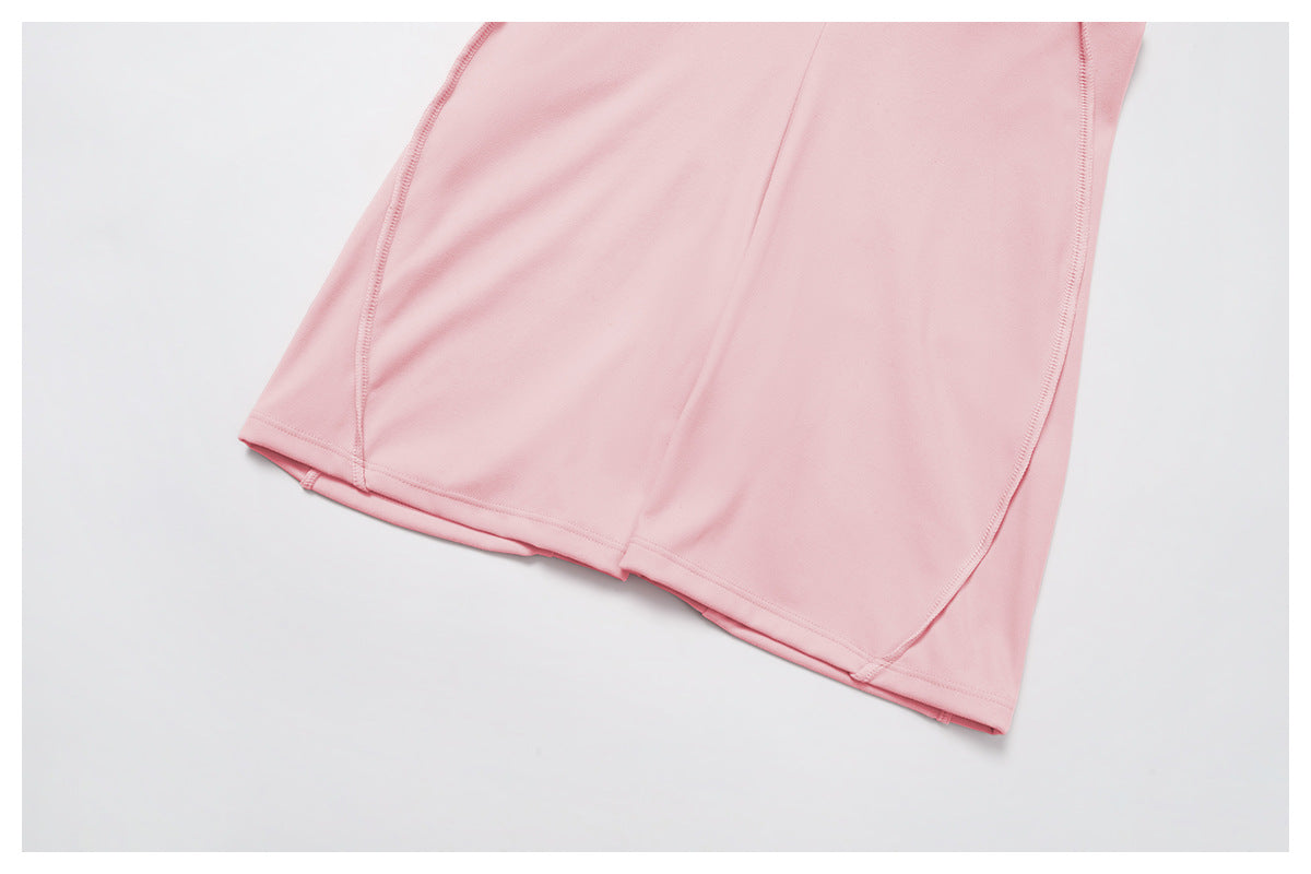 Pink silky langry fashion dress with fitted bodice and flared skirt