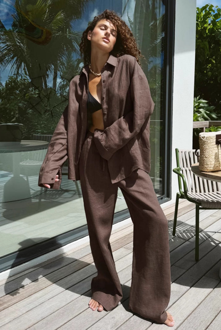 Brown linen pantsuit in Cotton Shirt Trousers Casual Sets for stylish fashion ملابس