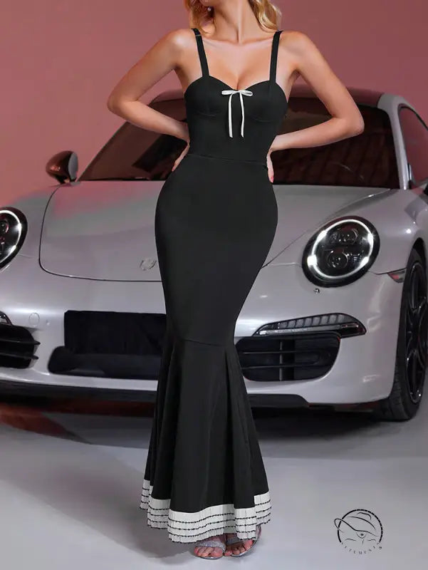 Elegant langry black mermaid fashion dress with white bow